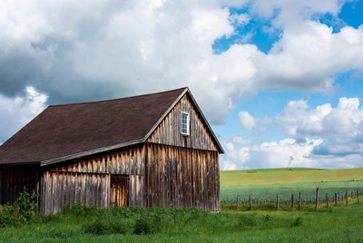 Rustic Wooden Barn in Green Field