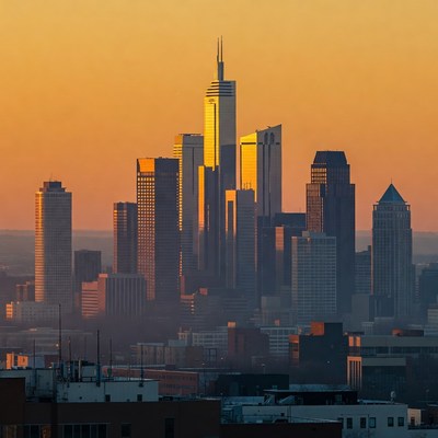 City skyline at sunset