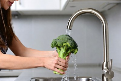 Woman washing broccoli under faucet