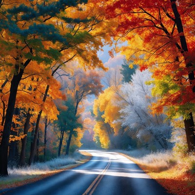 Autumn Forest Road with Colorful Trees