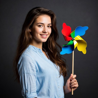 Smiling woman holding colorful pinwheel