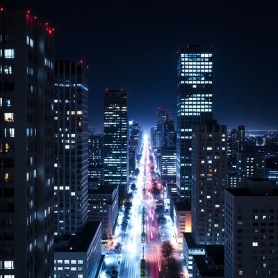 Night Skyline with Traffic Boulevard