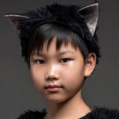 Asian boy wearing cat ears headband