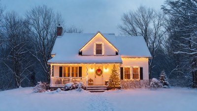 Snowy Christmas House with Lights