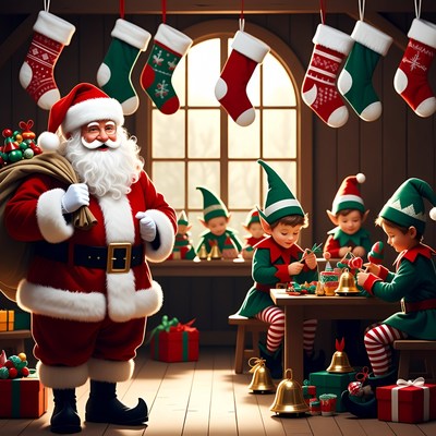 Santa Claus with Elves Making Toys