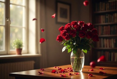 Red Roses Bouquet with Falling Petals