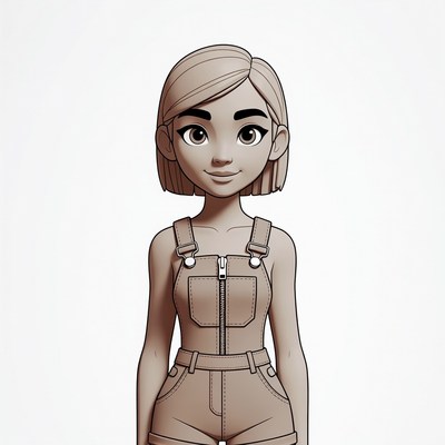 Cartoon girl in short overalls