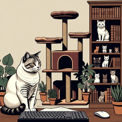 Cat on Scratching Post with Bookshelf Cats