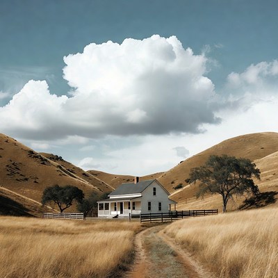 White farmhouse in golden hills