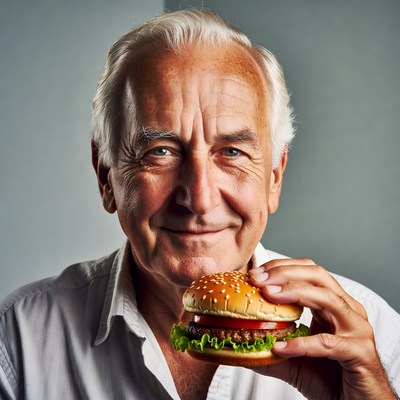Elderly man holding burger