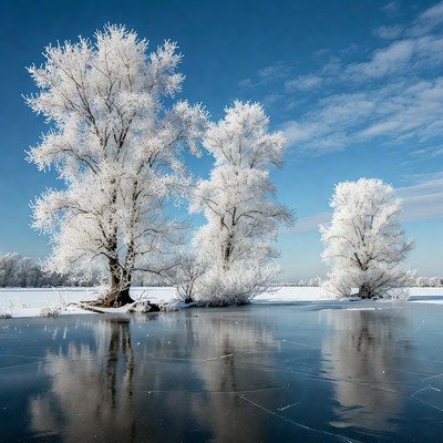 Frost-covered trees reflecting on ice