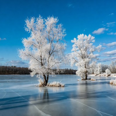 Frost-covered trees on frozen lake