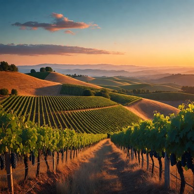 Vineyards on rolling hills at sunset