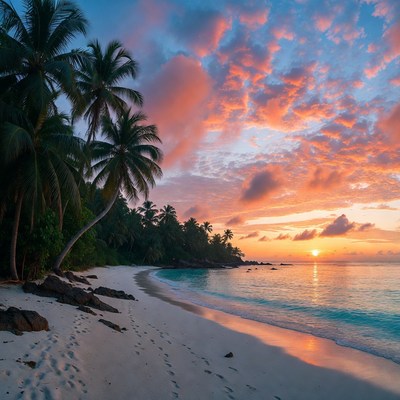 Tropical Beach Sunset with Palm Trees