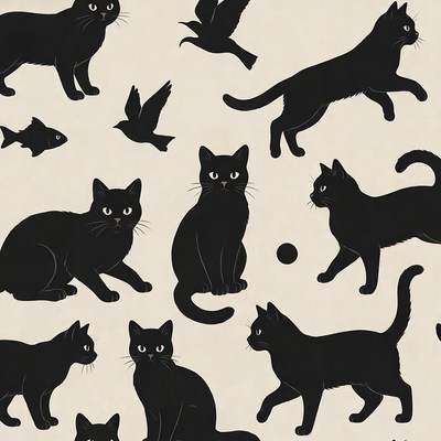 Black cats and birds illustration