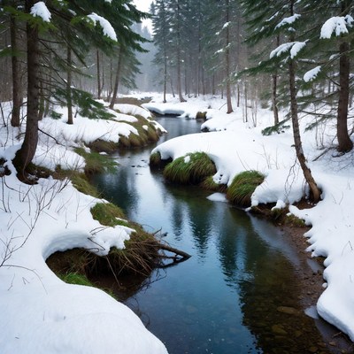 Snowy Forest with Winding Stream