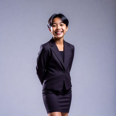 Smiling Asian woman in black suit