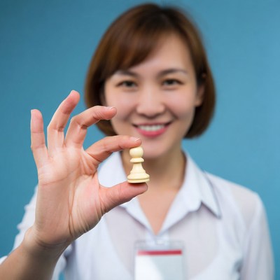 Asian woman holding chess king