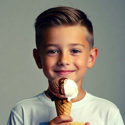 Boy holding chocolate vanilla ice cream cone