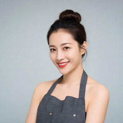 Asian woman in gray apron smiling
