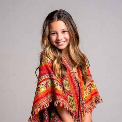 Girl smiling in colorful poncho