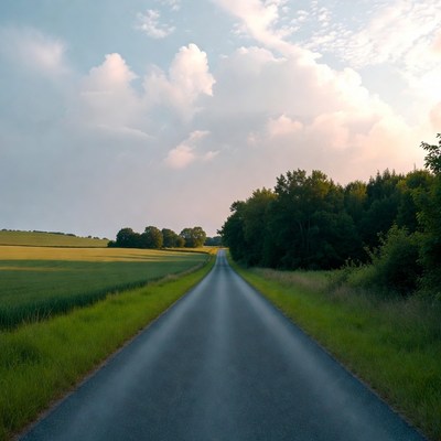 Straight rural road through green fields