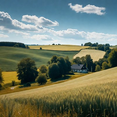 Rolling Green Fields with House