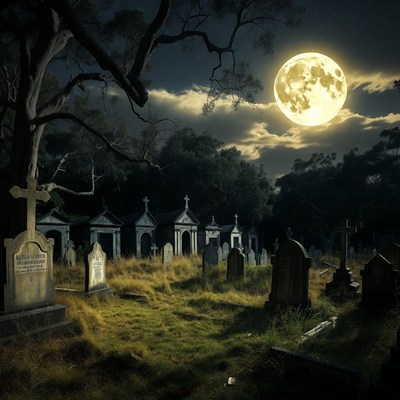 Moonlit Cemetery with Gravestones