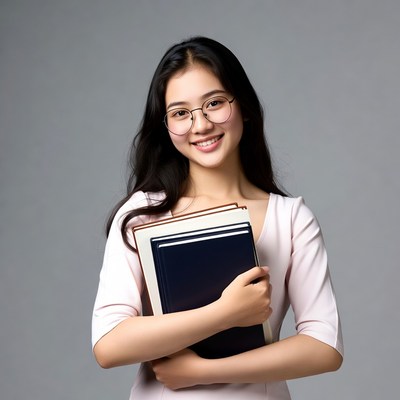 Asian woman holding books smiling
