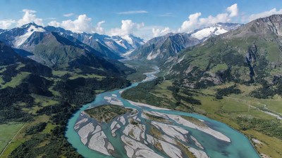Aerial View of Glacial River in Mountains