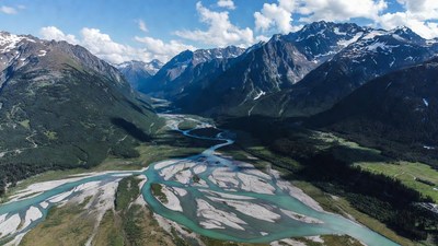 Aerial View Glacial River Mountains