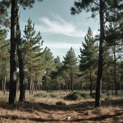 Pine Forest with Path and Blue Sky