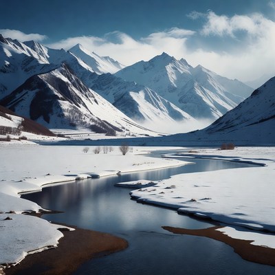 Snowy Mountains with Winding River