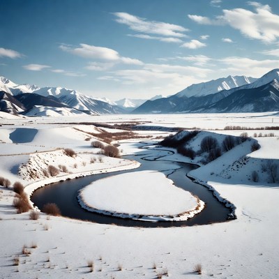 Snowy River Winding Through Mountains