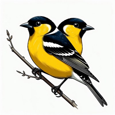 Two American Goldfinches on Branch