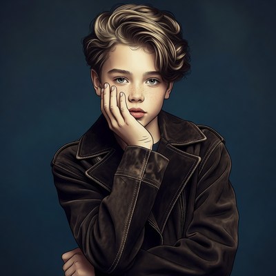 Boy with hand on cheek in leather jacket