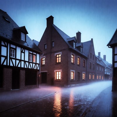 Rainy Cobblestone Street in Half-Timbered Village