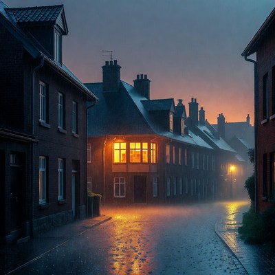 Rainy Street with Lit Window