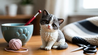 Kitten with knitting supplies