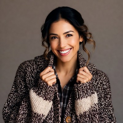 Smiling woman in knit cardigan
