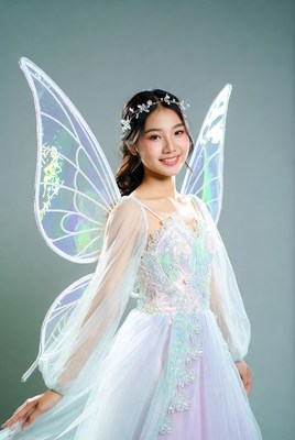 Asian woman in fairy wings dress