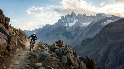 Man mountain biking rugged trail