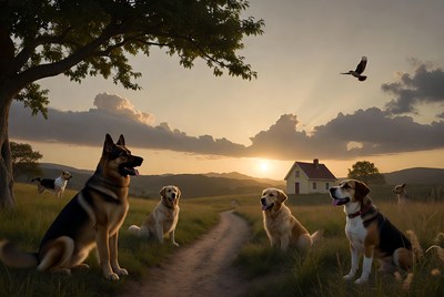 Dogs Gathered Near House at Sunset