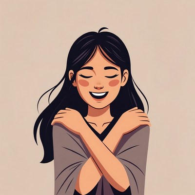 Asian woman hugging herself illustration