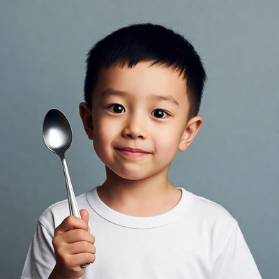 Asian boy holding spoon