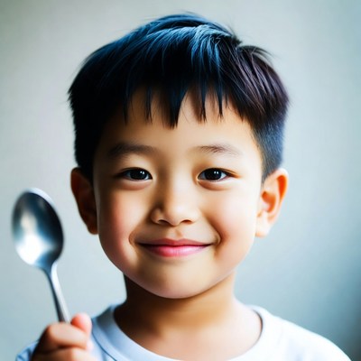 Asian boy holding spoon