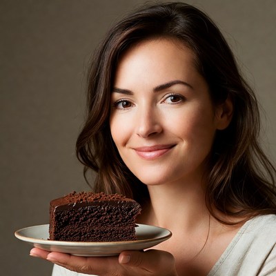 Woman holding chocolate cake slice