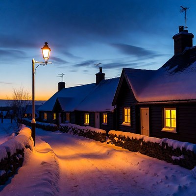 Snowy village houses with lit lamp post