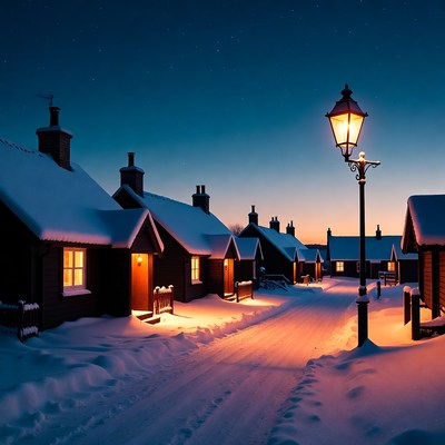 Snowy Cottages with Street Lamp at Night