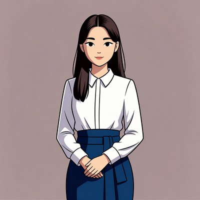 Asian woman in white blouse navy skirt